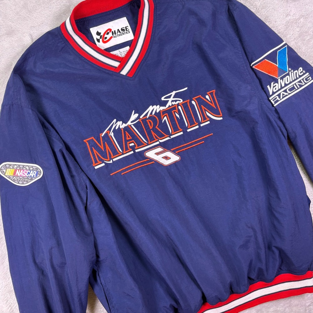 Vtg Chase Authentics Mens Windbreaker L‎ Navy Blue Mark Martin Valvoline Racing